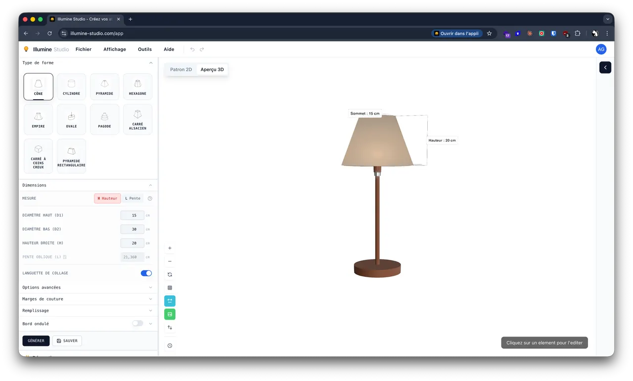Application Illumine Studio - Configurateur 3D d'abat-jour sur mesure